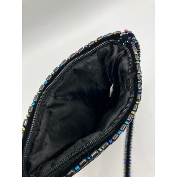 Black Beaded 100% Silk Velvet Crossbody Bag Butterfly Embellished Zippered - Picture 5 of 8